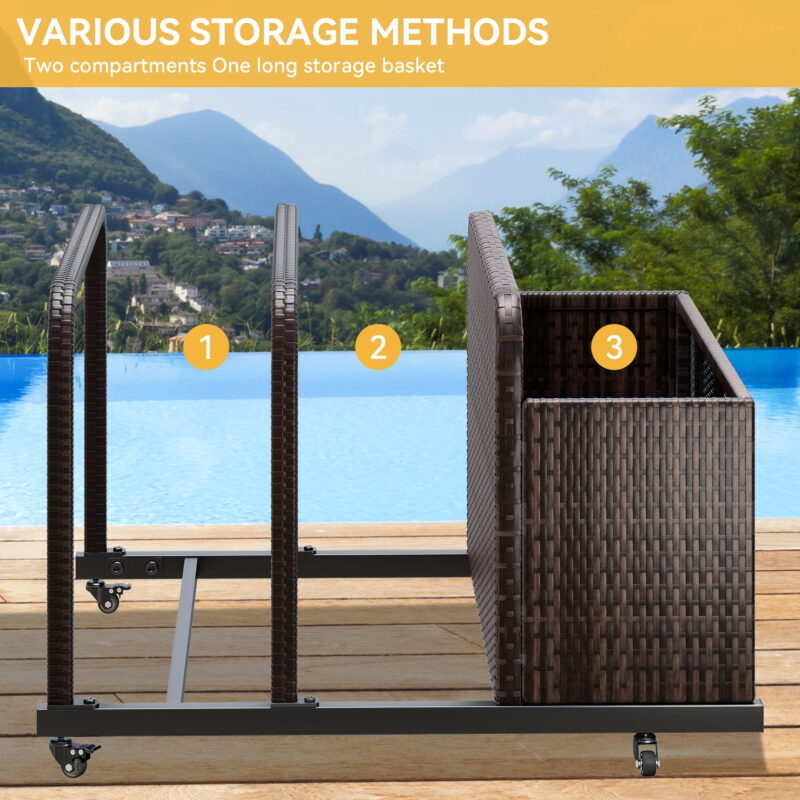 Uforic Outdoor Wicker Patio Poolside Float Storage Basket, PE Rattan Outdoor Pool Caddy with Rolling Wheels,Brown - Image 5