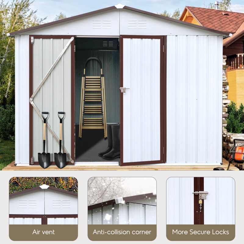 Aukfa 8FT x 6FT Outdoor Storage Shed, Metal Garden Shed with Vents, Tool Shed with Door and Padlock for Backyards, Patio Lawns, White - Image 3