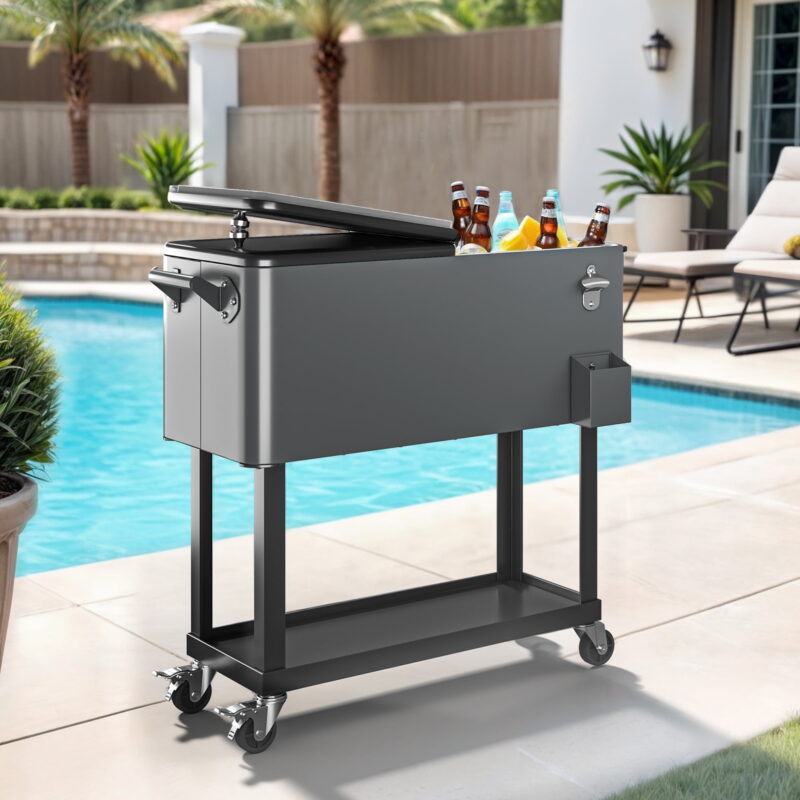 Uforic 80 Quart Rolling Ice Chest Cooler Cart,Outdoor Portable Beverage Cart, with Bottle Opener, Storage Shelf & Drain, Gray - Image 2