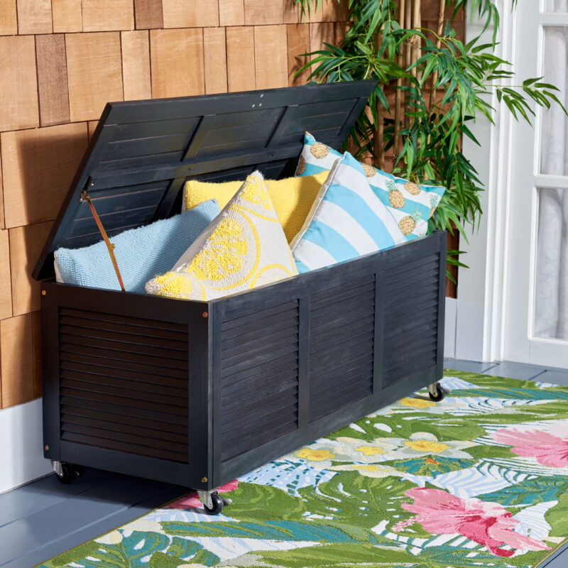 Safavieh PAT Collection Outdoor Wheels 76 Gallons Wood Deck Box, Black - Image 4