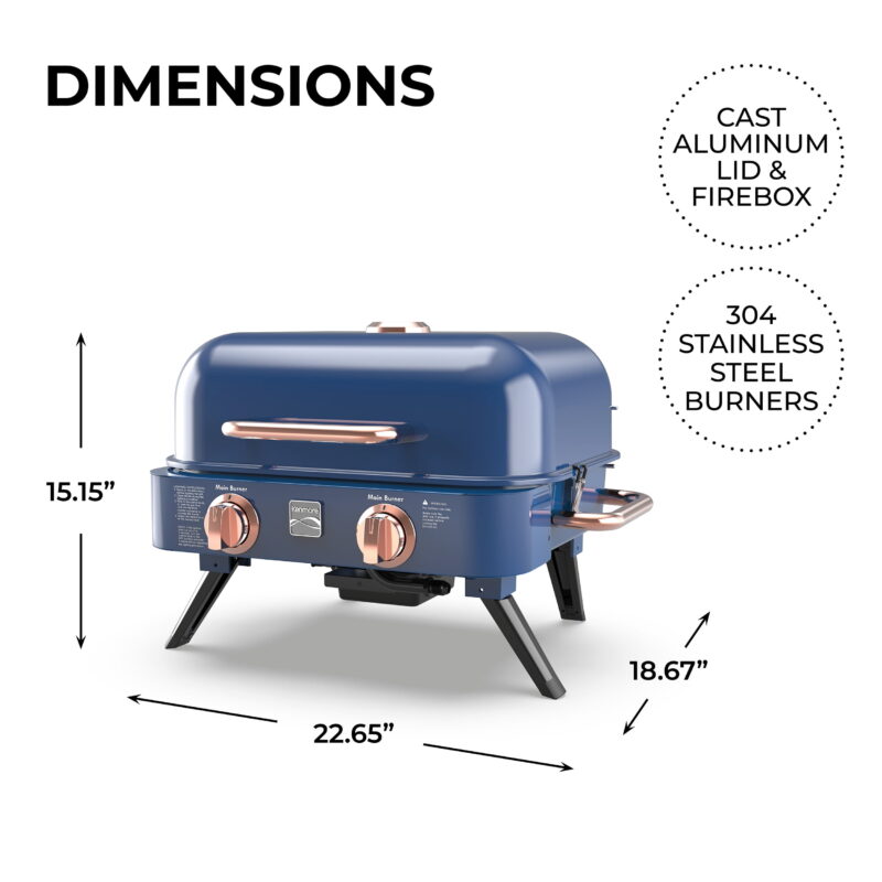 Kenmore 2-Burner Portable Tabletop Retro Gas Grill, Navy Blue - Image 3