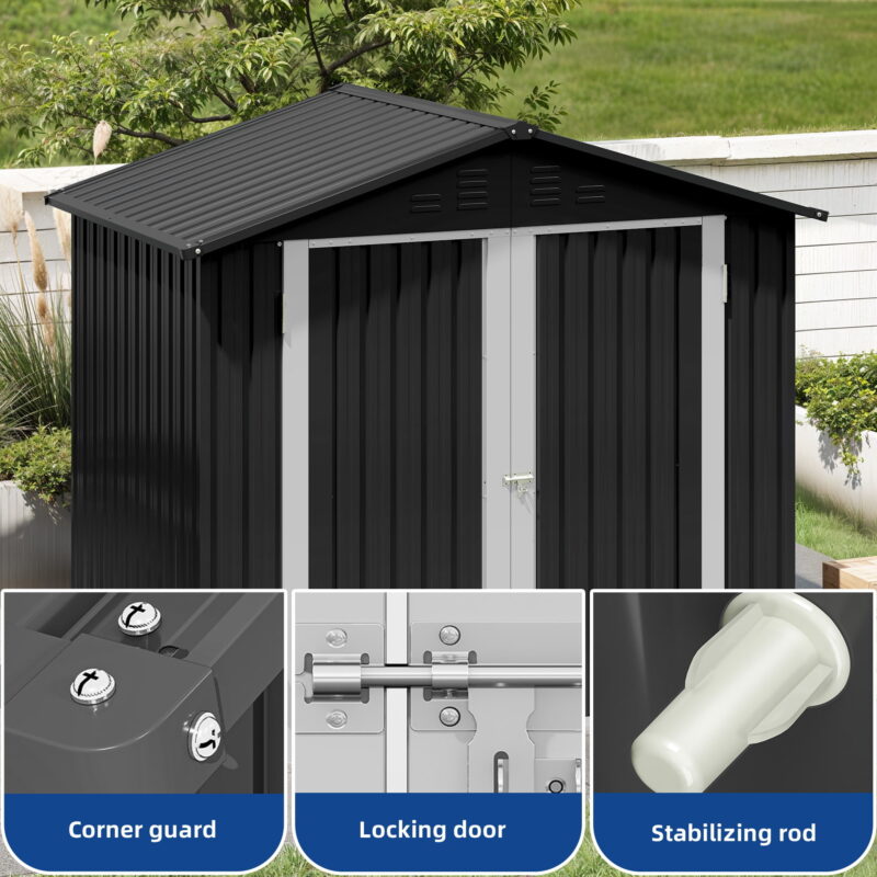 Uforic 6 Ft x 4 Ft Outdoor Tool Shed with Air Vents & Lockable Doors for Bikes & Tools, Dark Gray - Image 4