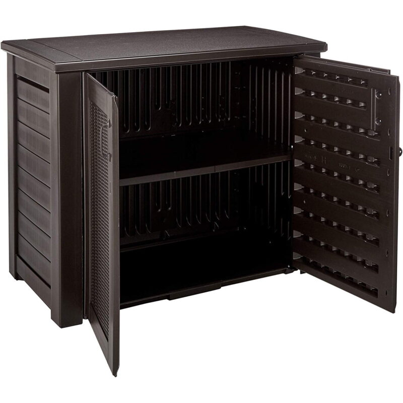 Rubbermaid Weather Resistant Resin Chic Outdoor Patio Storage Cabinet, Black Oak - Image 3