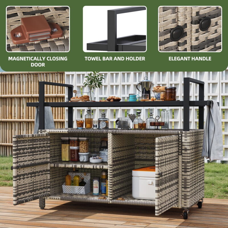 Uforic XL Outdoor Storage Cabinet, Outdoor Grill Cart with Wheels & Black Glass Table Top, for Patio Kitchen, Gray - Image 5