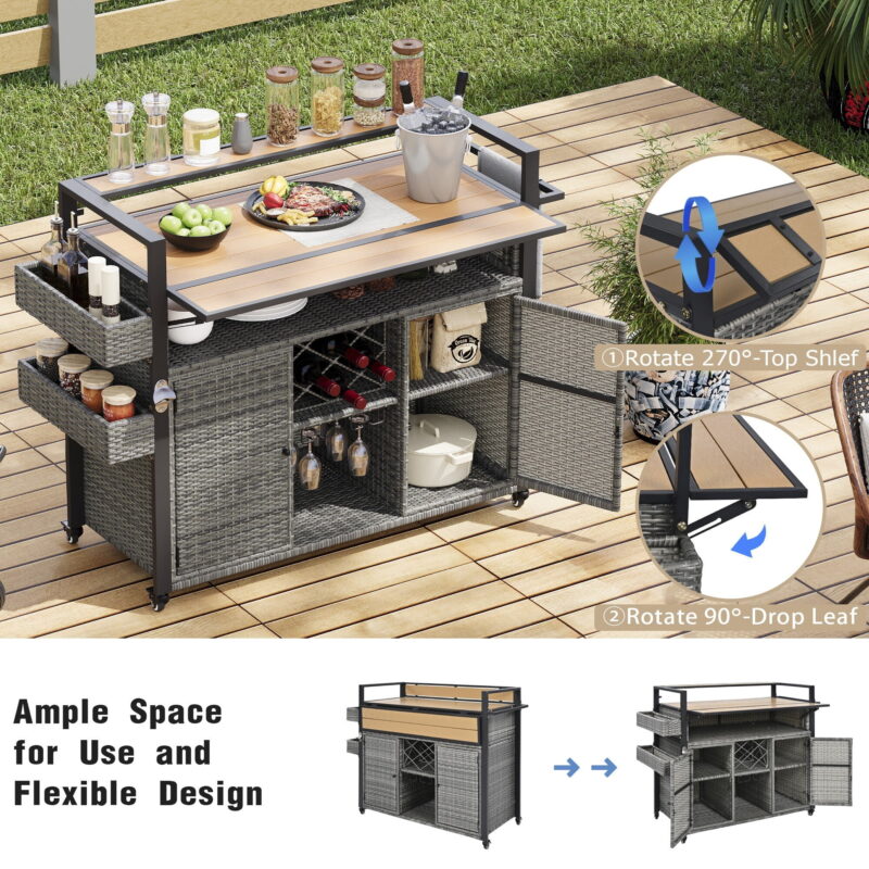 AENKYO Outdoor Grill Cart with Drop Leaf, Cabinets, Spice Racks, and Wheels, All-Weather Wicker BBQ Prep Table for Patio or Kitchen, Gray - Image 6
