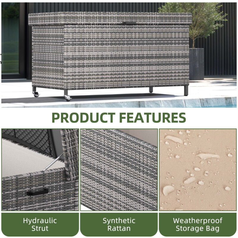 Uforic 200 Gallon Large Outdoor Rattan Deck Box, Storage Box with Storage Net & Movable Wheels for Patio Furniture, Garden Tools, Gray - Image 4