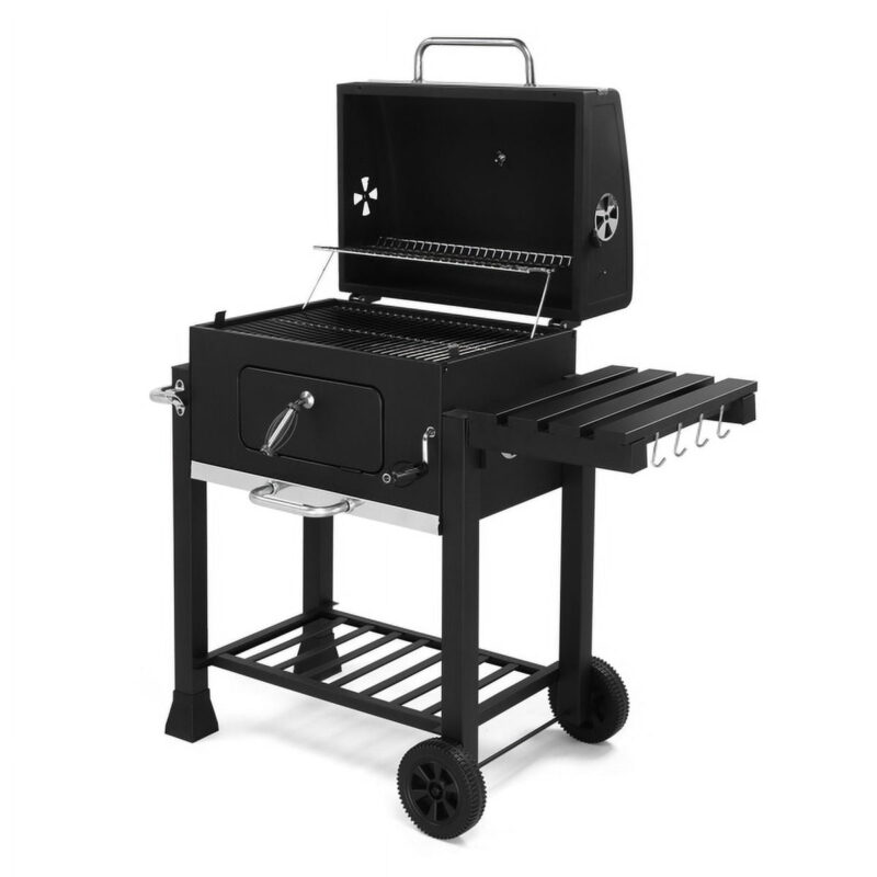 Heavy-Duty Charcoal Grill - Spacious Cooking Area, Height-Adjustable Charcoal Pan, Foldable Side Table & Wheels, for Backyard/Gatherings - Image 5