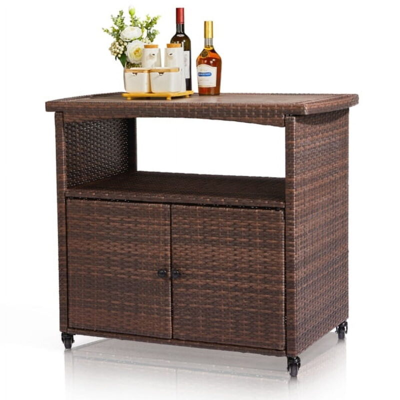 Brown Outdoor Bar Cart with Storage - Wicker Patio Buffet Cabinet on Wheels, for Indoor & Outdoor Use - Image 6