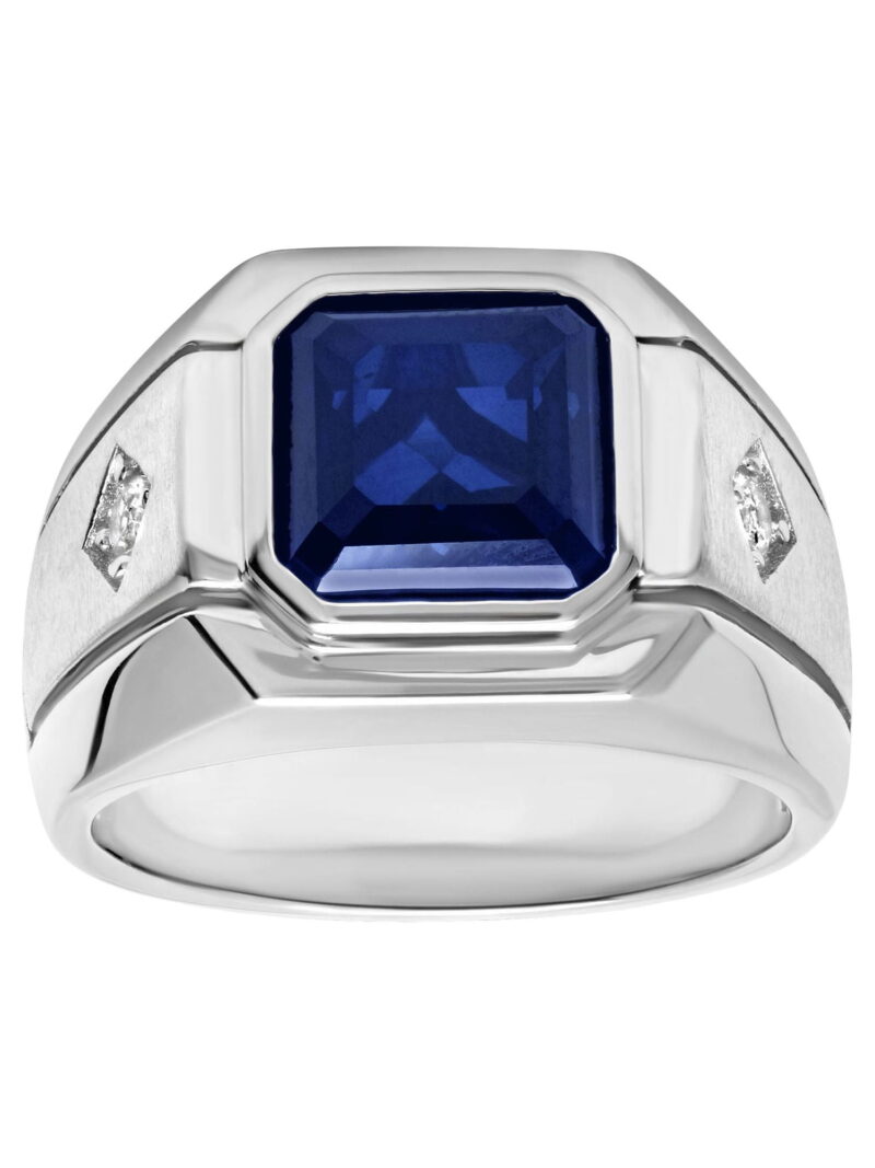 Mens .925 Sterling Silver Square-Cut Blue Sapphire Gemstone Ring - Image 3