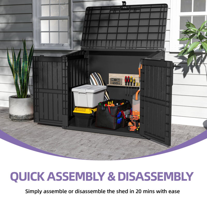 UFORIC Horizontal Resin Storage Shed with Lockable Door, Floor, Locking Latch, Tool Organizer - Image 2