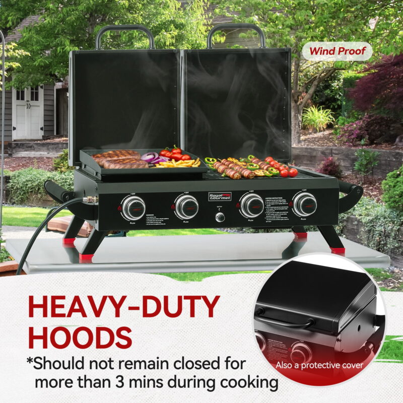 Royal Gourmet GD4002TP Portable Tabletop Grill & Griddle Combo with Hood,4-Burner Portable Gas Grill for Backyard, Camping, Black - Image 7
