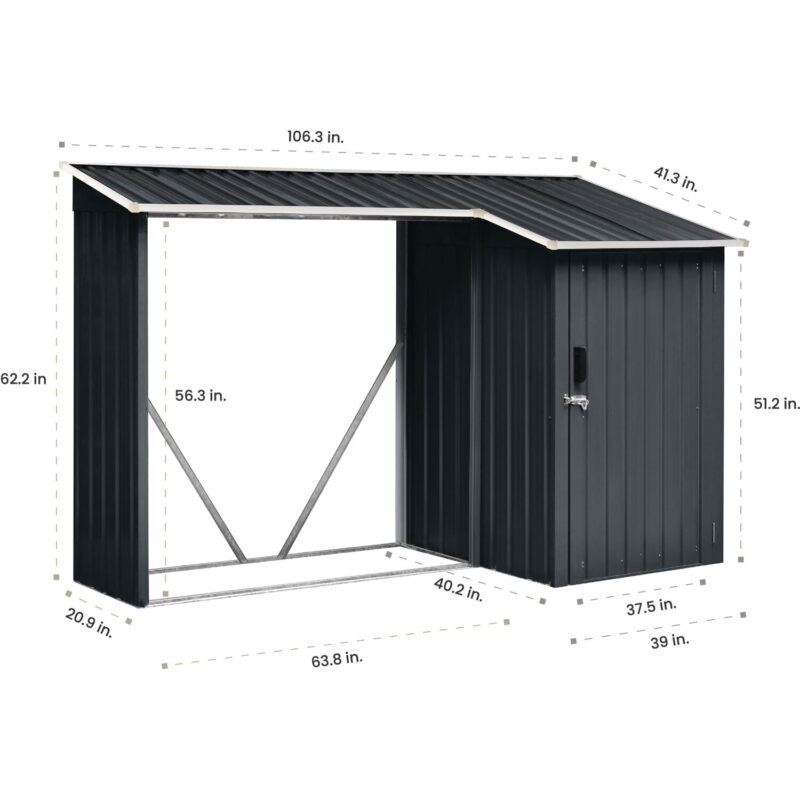 2-in-1 Galvanized Steel Multipurpose Shed, 9-Sq.Ft. Lockable Tool Storage, 42-Cu.Ft. Firewood Rack, Dark Gray - Image 3