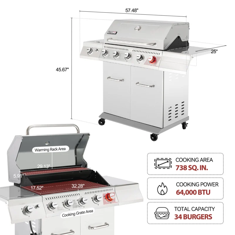 Royal Gourmet GA5404S Deluxe Stainless Steel 5-Burner Gas Grill,Cabinet Style Gas Grill with Sear Burner and Side Burner,Silver - Image 4