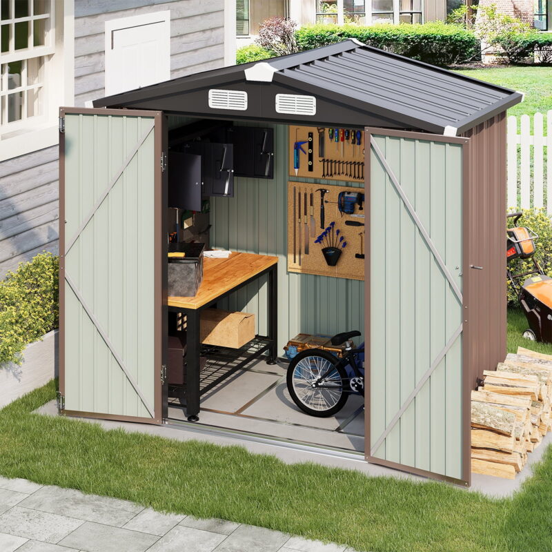 BaPiPro 6X4 ft Outdoor Storage Shed with base, Metal Tool Shed with Lockable, Waterproof, Brown - Image 4