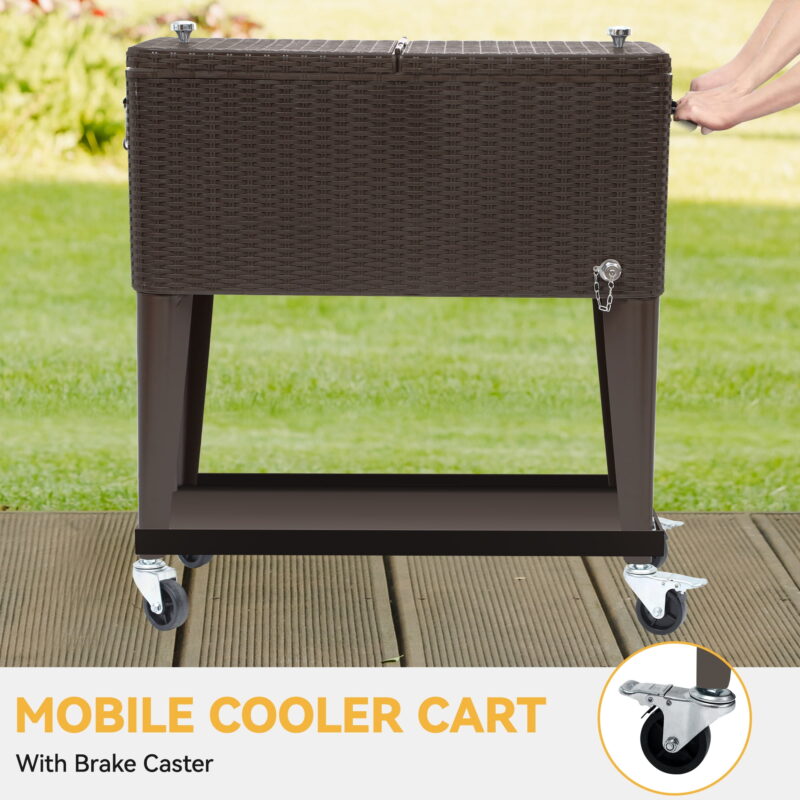 Uforic 80 Quart Rolling Ice Chest Cooler Cart,Outdoor Portable Beverage Cart, with Bottle Opener, Storage Shelf & Drain, Brown - Image 6