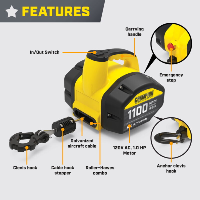 Champion Power Equipment 1100 lb. Portable 120-Volt Electric Winch Kit, Pulling and Lifting Capability - Image 2
