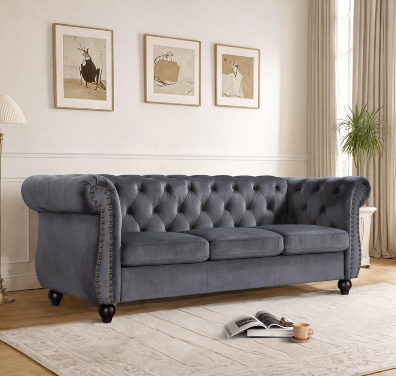 US Pride Furniture Chester 83 in. Wide Rolled Arm Velvet Modern Straight living Room Sofa, Gray - Image 2