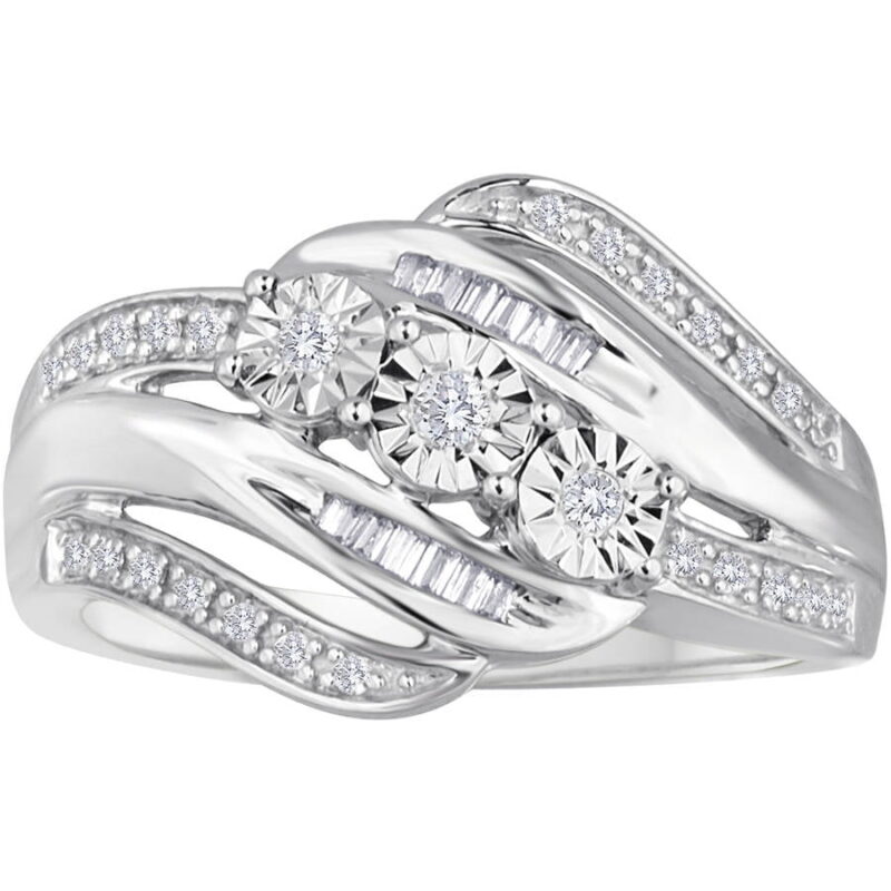 Brilliance Fine Jewelry 1/4 CTTW Round & Baguette Diamond Sterling Silver Women's Statement Ring - Image 2