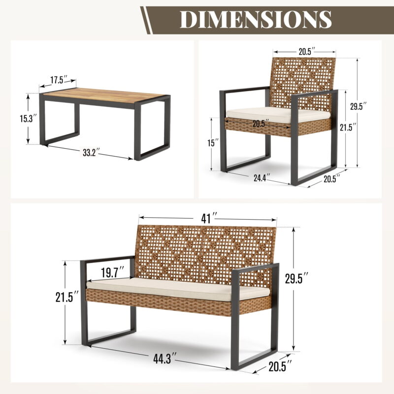 MF Studio 4-Piece All-Weather Rattan Patio Furniture Set, Outdoor Conversation Set with Wood Table, Brown and Beige - Image 6