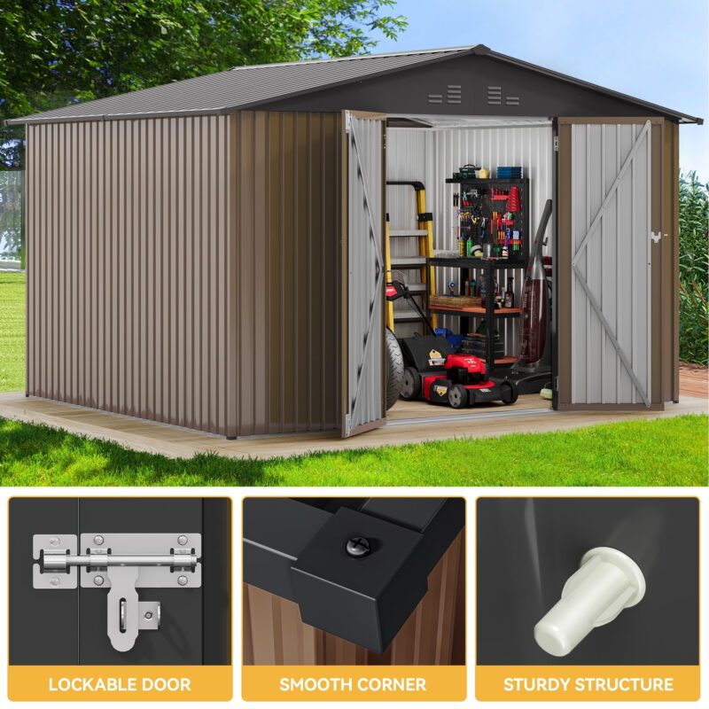 Uforic Large 10x8ft Outdoor Storage Shed Metal with Lockable Doors & Vents Brown Storage for Garden Tools, Lawn Equipment, Bikes - Image 4