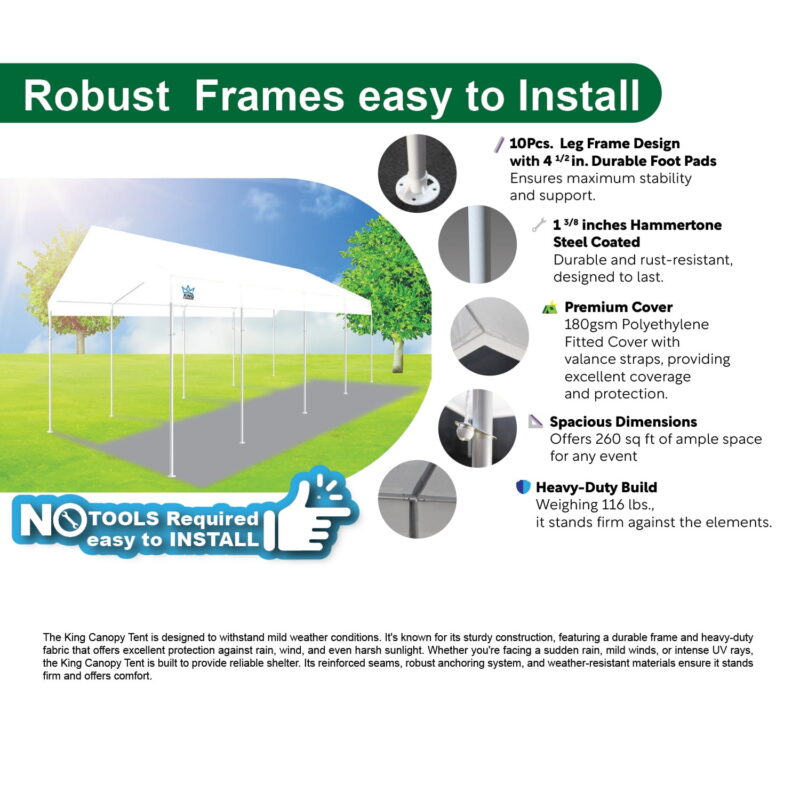 King Canopy Universal 10ft x 27ft, 1 3/8-inch Powder Coated Steel Frame, 10 Leg, 180gsm Polyethylene White Cover - Image 3