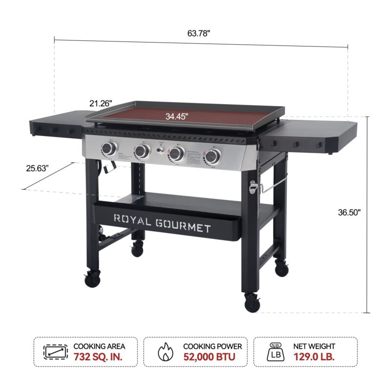 Royal Gourmet GB4007 34-inch 4-burner Propane Gas Griddle, Griddle with Collapsible Side Shelves and Front Basket - Image 7