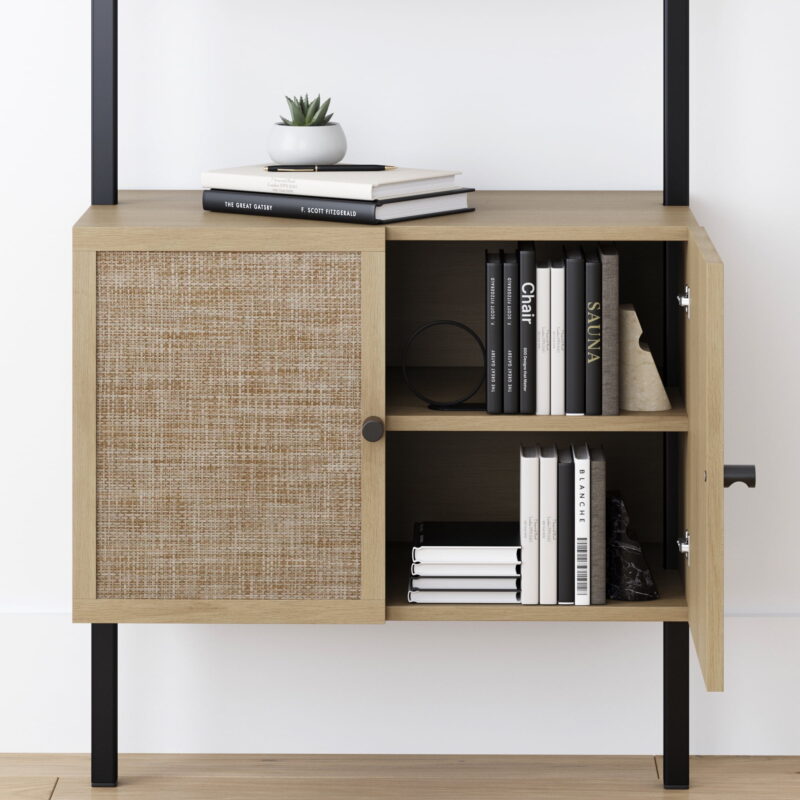 Nathan James Theo Open Shelf Bookcase with Rattan Drawers in Light Oak Wood and Matte Black Frame - Image 5