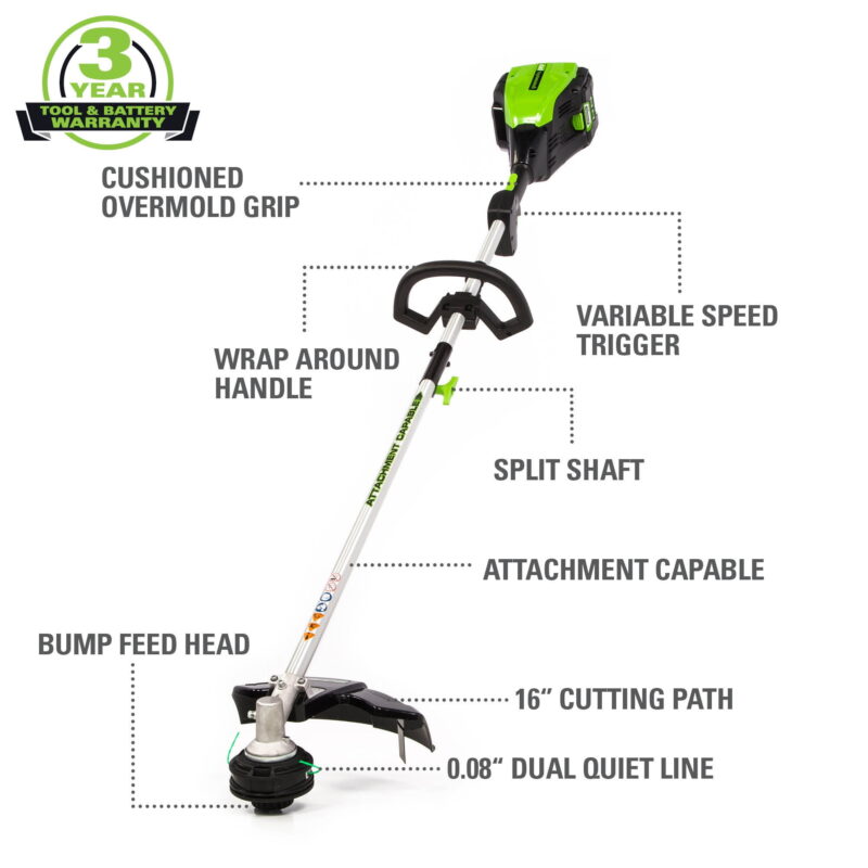 Greenworks 80V 16" Brushless Attachment Capable String Trimmer with 2.0 Ah Battery & Charger 2101102 - Image 4