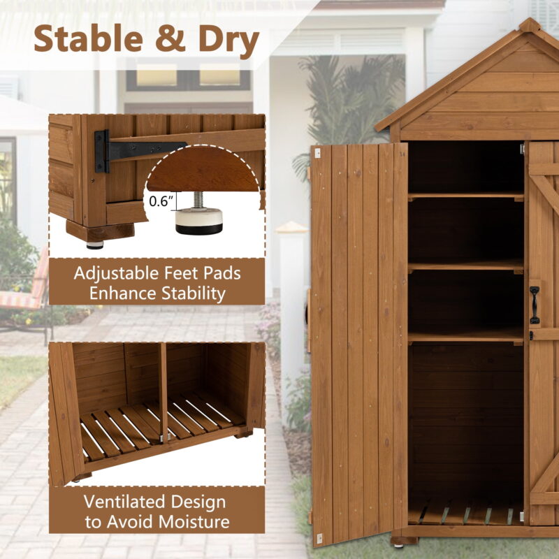 DEALTOPS Outdoor Storage Shed Wooden Garden Tool Storage Cabinet With Shelves,Garden Lawn Backyard Storage Sheds-Brown - Image 2