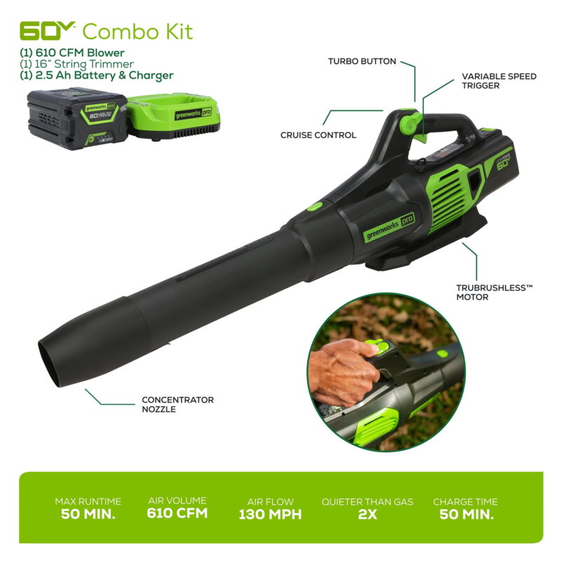 Greenworks 60V 16" Brushless String Trimmer, 610 CFM Leaf Blower Combo Kit, 2.5Ah Battery & Charger - Image 6