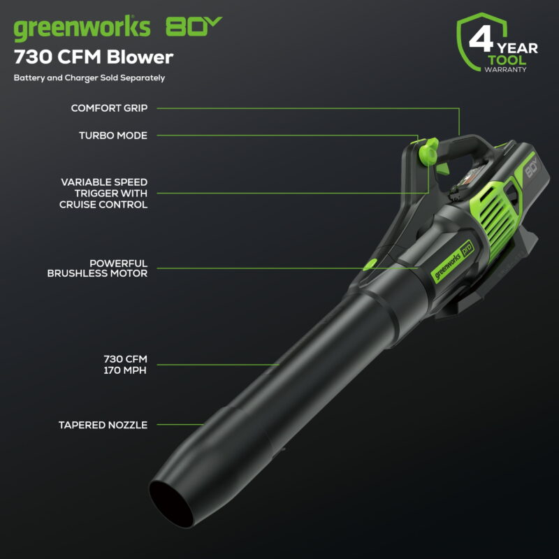 Greenworks Pro 80V (170 MPH / 730 CFM) Brushless Cordless Axial Blower, Tool Only BL80L02 - Image 4