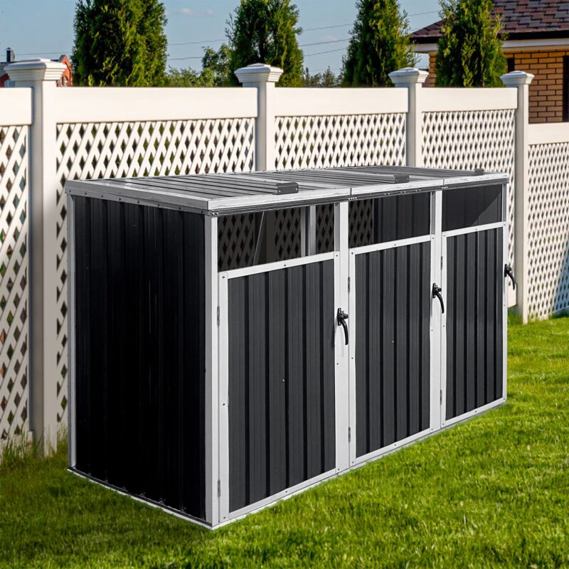 Aukfa 7.3' W Outdoor Garbage Bin Storage, Metal Storage Shed for 3 Trash Cans Tools, Waterproof Trash Can Storage - Image 6