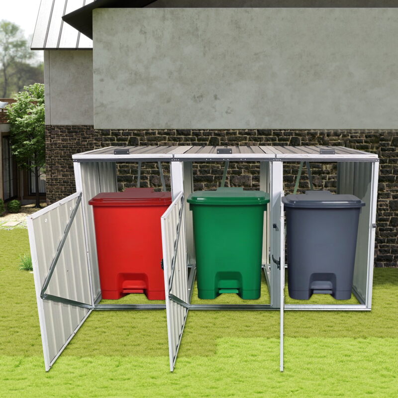 Aukfa 7.3' W Outdoor Garbage Bin Storage, Metal Storage Shed for 3 Trash Cans Tools, Waterproof Trash Can Storage - Image 7