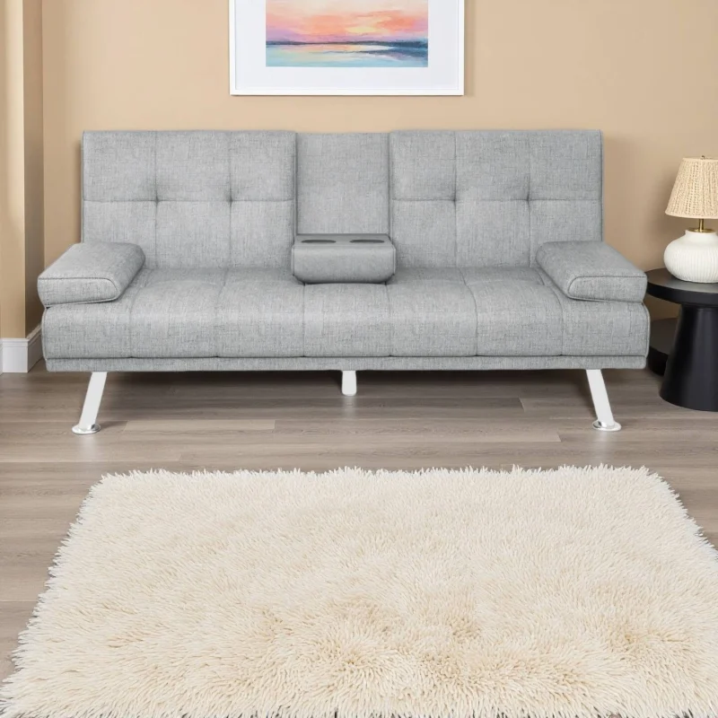 Sofa Bed with Cup Holder Convertible Futon Couches Adjustable Backrest Modern Linen Furniture Upholstery for Living Room - Image 6