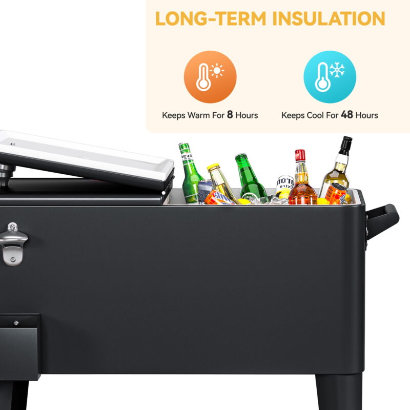 Uforic 80 Quart Rolling Ice Chest Cooler Cart, Outdoor Portable Beverage Cart, with Handles, Bottle Opener & Drain, Black - Image 4