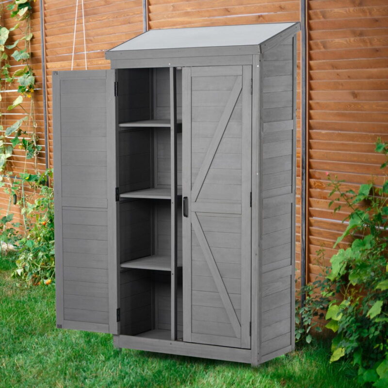 Outdoor Storage Cabinet and Metal Top,Garden Storage Shed,Outdoor 68 Inches Wood Tall Shed for Yard and Patio - Image 4
