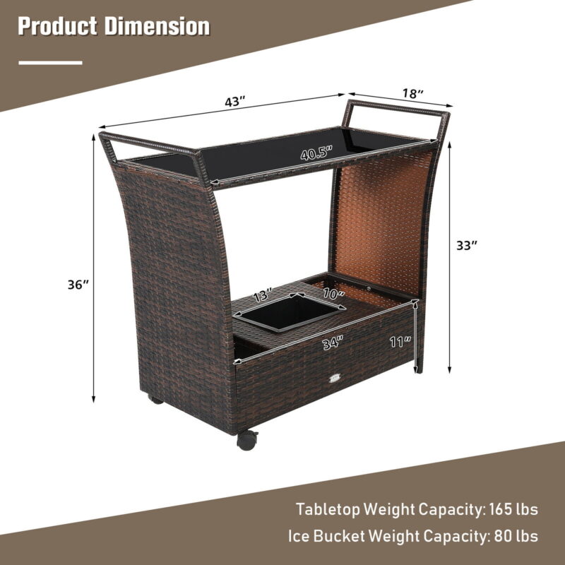 Gymax Rattan Patio Bar Cart Beverage Bar Counter Table w/ Wheels & Ice Bucket - Image 2