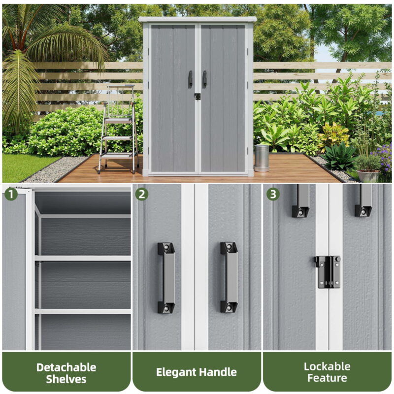 Uforic 60 Cu.Ft Outdoor Storage Shed, Weatherproof Tall Plastic Cabinet w/ Shelves, Lockable, Gray - Image 5