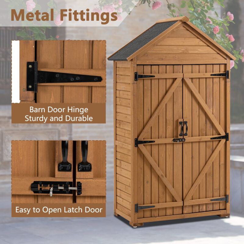 DEALTOPS Outdoor Storage Shed Wooden Garden Tool Storage Cabinet With Shelves,Garden Lawn Backyard Storage Sheds-Brown - Image 5