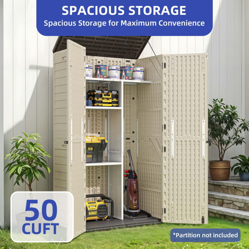 Uforic Vertical Resin Outdoor Storage, 50 cubic feet w/ Shelving for Garden Garage Poolside, Locking Capability, (Khaki & Brown) - Image 3
