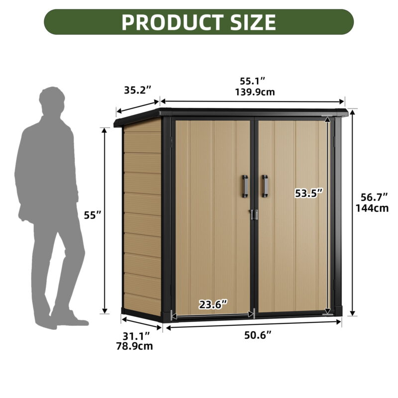 Uforic 51 Cu Ft Outdoor Vertical Storage Shed with Floor & 2 Shelves, Waterproof, Lockable (Brown) - Image 2