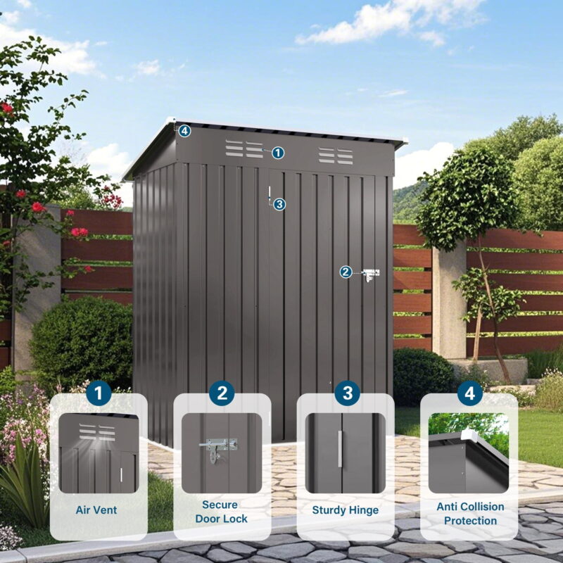 AENKYO 5x3 FT Outdoor Metal Storage Shed with Vents, Waterproof Steel Tool Shed for Garden, Patio, or Backyard, Dark Gray - Image 5