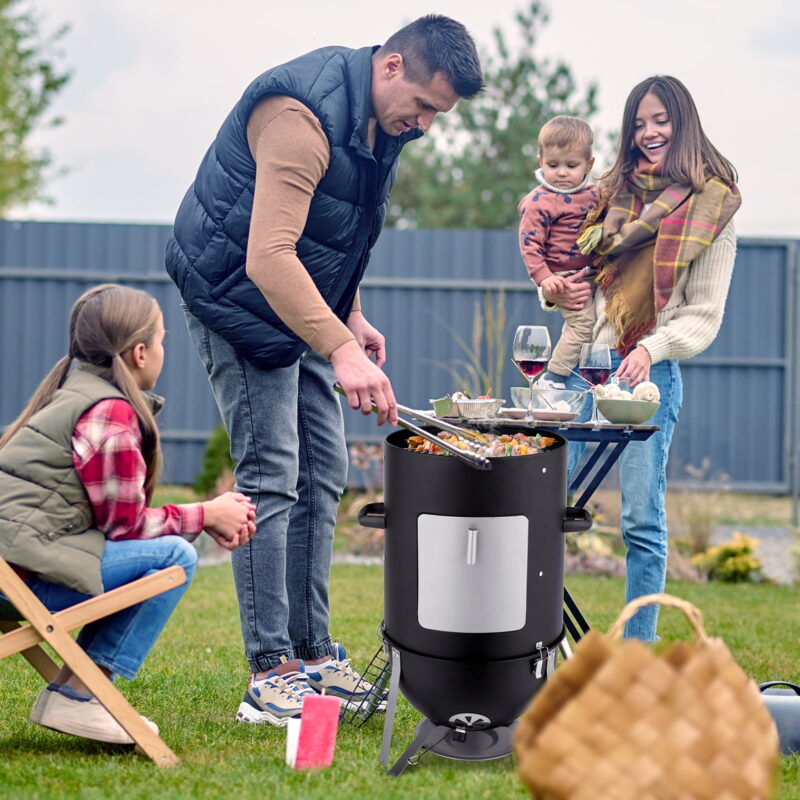 Vertical Steel Charcoal Smoker, Heavy Duty Three Layer Round BBQ Grill Smokey Mountain Cooker for Outdoor Cooking, Black - Image 7