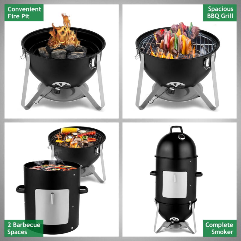 Vertical Steel Charcoal Smoker, Heavy Duty Three Layer Round BBQ Grill Smokey Mountain Cooker for Outdoor Cooking, Black - Image 4
