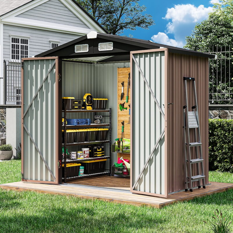 BaPiPro 6 x 4 ft Outdoor Metal Storage Shed with Included Base & Air Vents, Lockable, Brown - Image 4