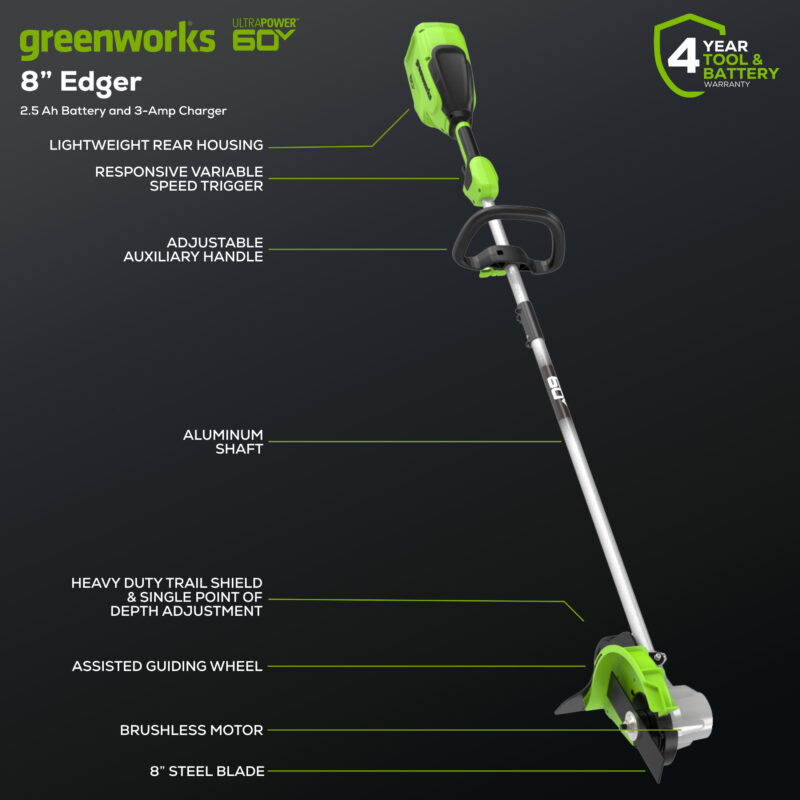 Greenworks 60V 8" Edger with (1) 2.5Ah Battery & Charger 2703302 - Image 2