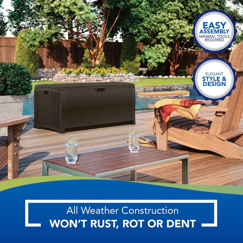 Suncast 73-Gal. Weather-Resistant Resin Outdoor Deck Storage Box and Bench, Mocha Brown - Image 2