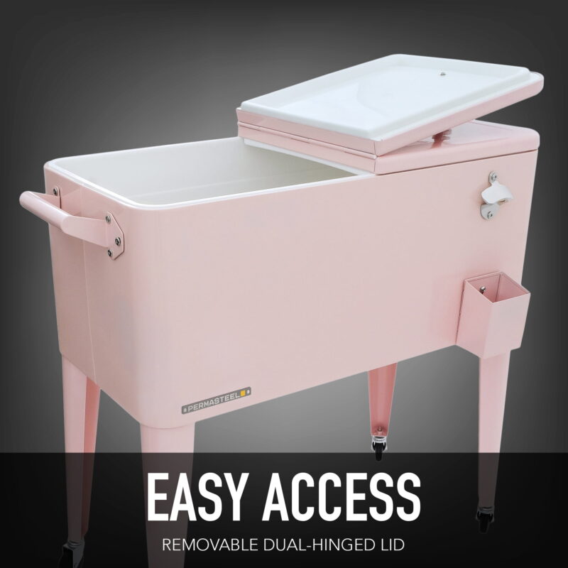 Permasteel 80-Qt Classic Outdoor Steel Patio Cooler on Wheels, Beverage Rolling Cart, Pink - Image 5