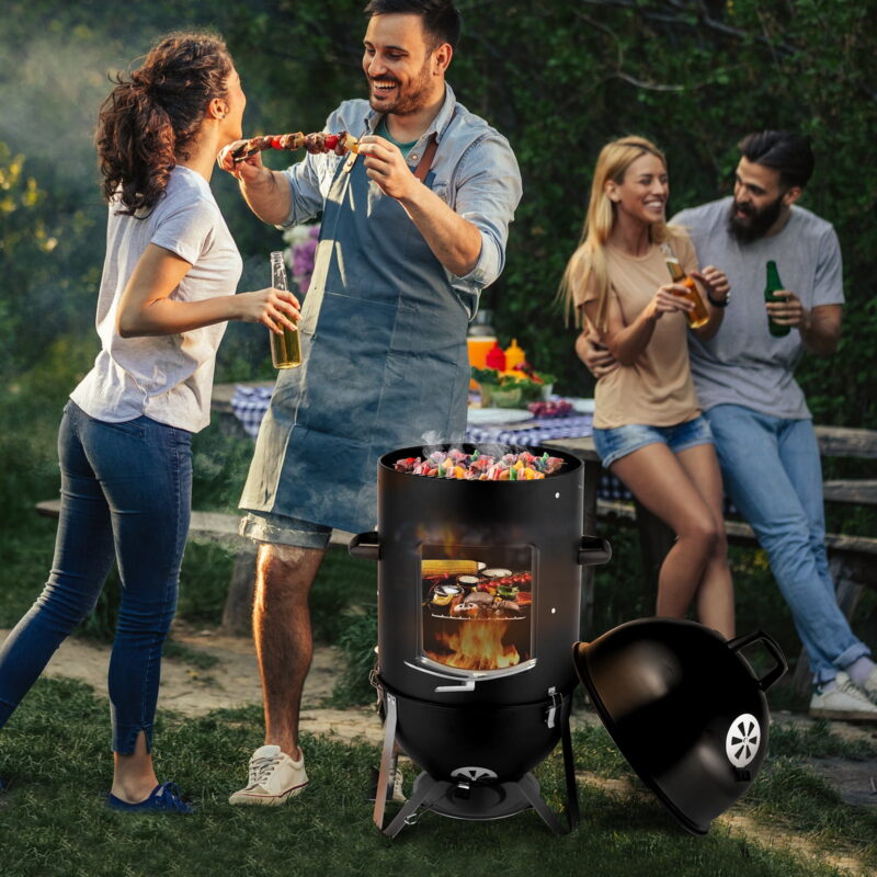 Vertical Steel Charcoal Smoker, Heavy Duty Three Layer Round BBQ Grill Smokey Mountain Cooker for Outdoor Cooking, Black - Image 3