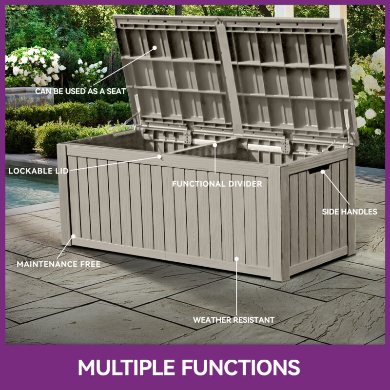 Uforic 150 Gallon Resin Deck Box, Outdoor Waterproof Storage with Divider & Lockable Lid, Brown - Image 3